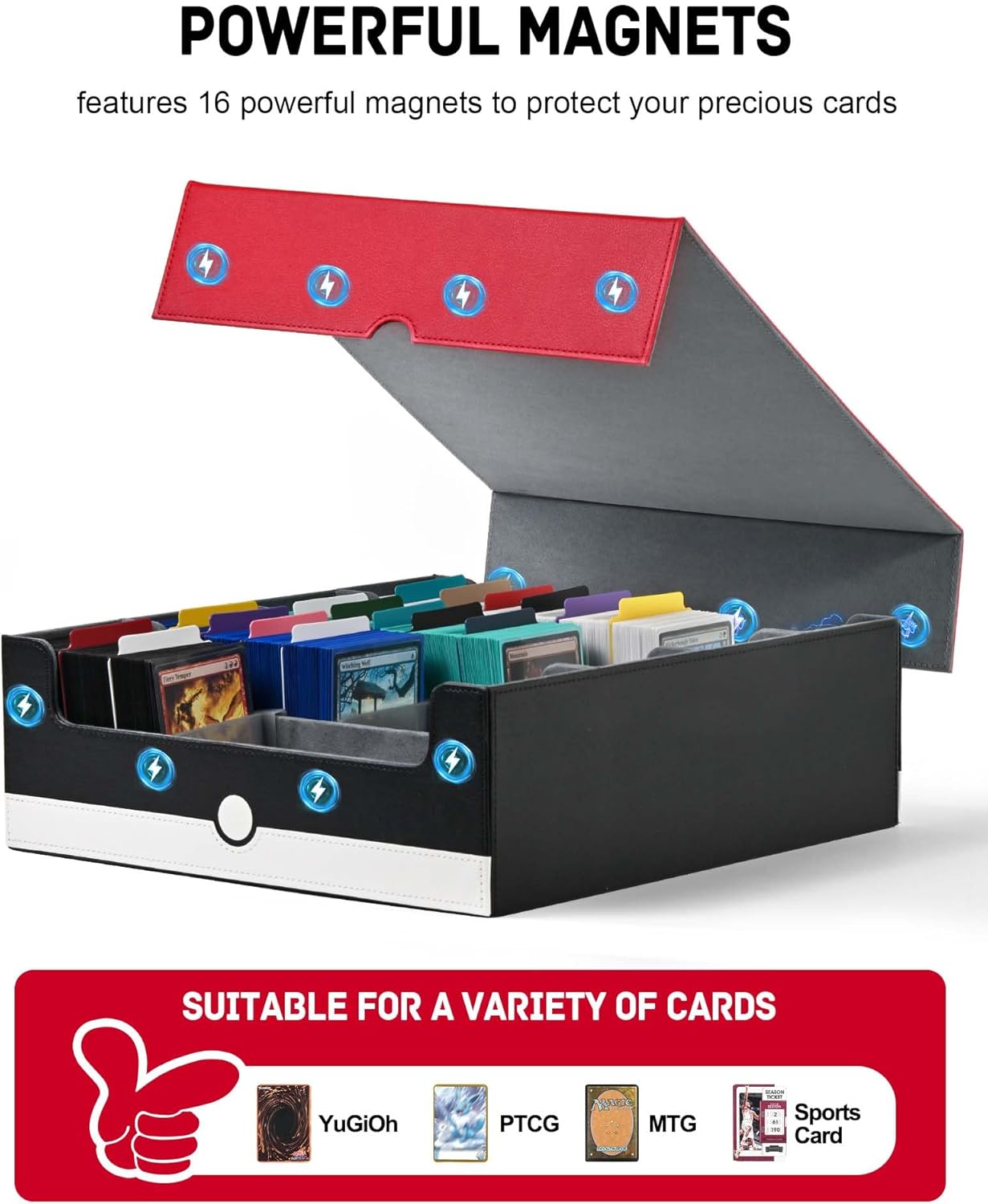 ZLCA Card Storage Box Holds 3200+, Deck Storage Case with 4 Stoppers, Card Organizer for TCG MTG PTCG(Red&White)