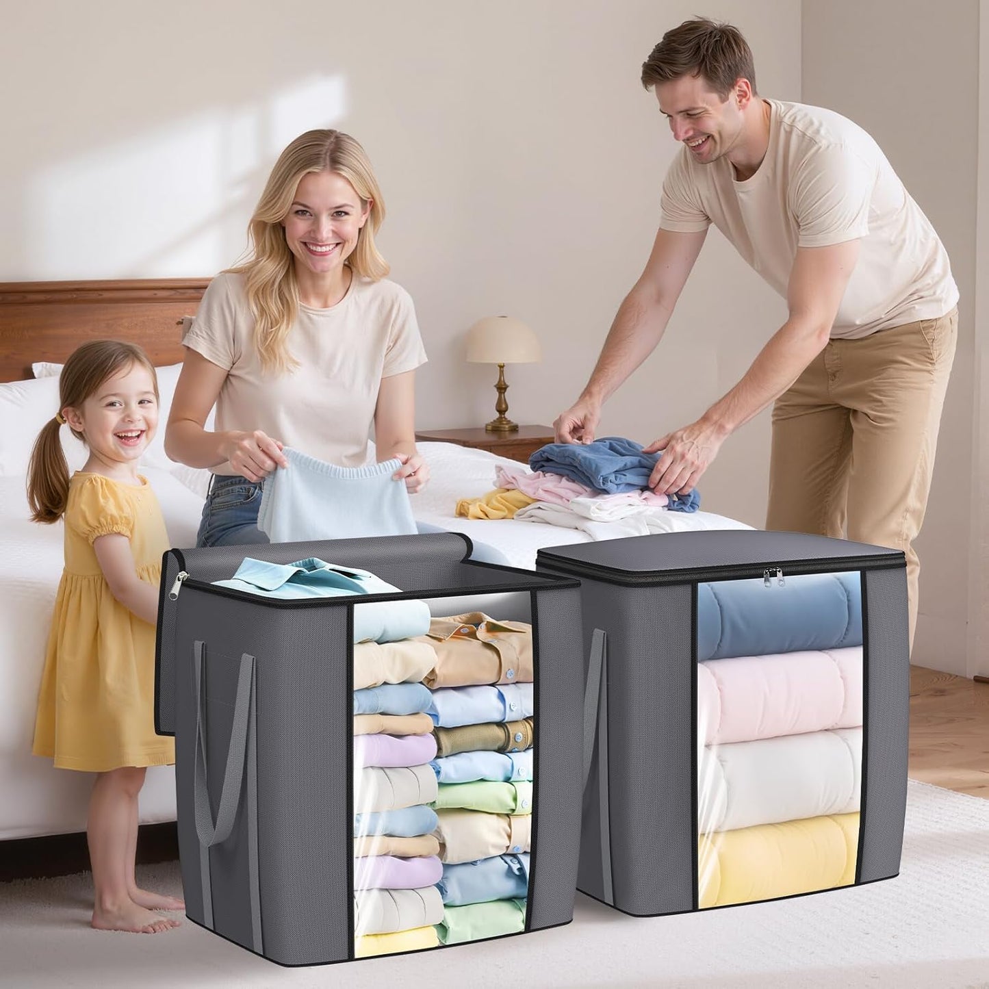 120L Extra Large Clothes Storage Bags, Foldable Blanket Storage and Organization, Thick Fabric Containers with Reinforced Handles & Zippers for Clothing, Comforters, Bedding, Gray, 1 Pack