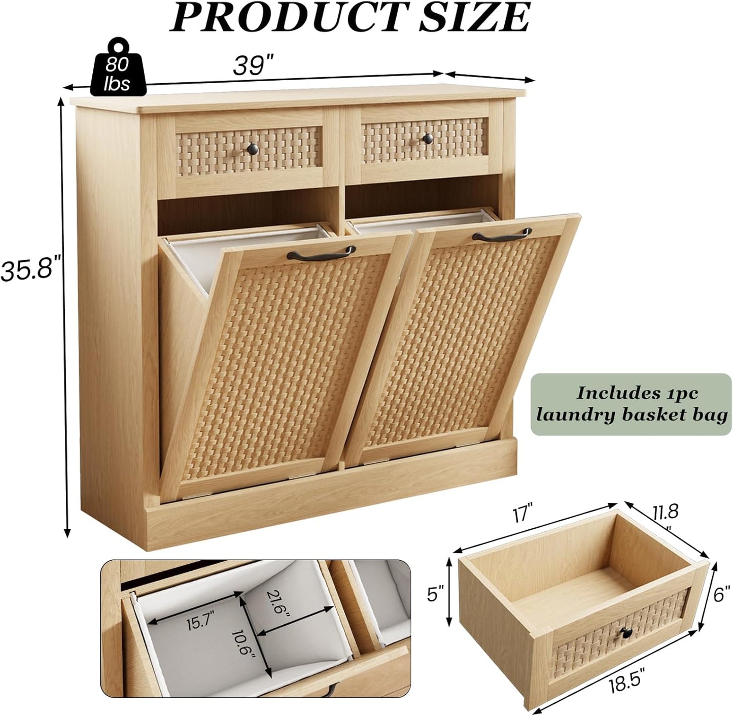 Double Tilt Out Laundry Hamper Cabinet,10 Gallon Laundry Cabinet with Drawers ＆ 2 Hidden Baskets, Farmhouse Storage Basket for Laundry Room, Bathroom, Kitchen, Wood