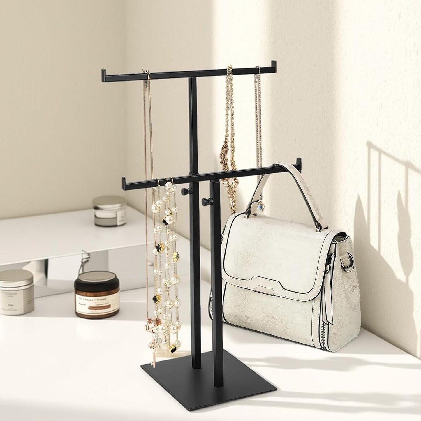 Purse Display Stand Jewelry Towers, Black Double T-Shaped Tabletop Stainless Steel Hook Hanging Adjustable Height Handbag Holder for Organizer Luxury Bags Necklaces Home Store Boutique Retail Closet
