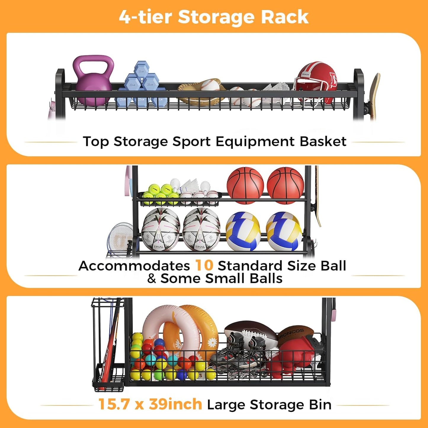 VOPEAK Oversized Sports Equipment Organizer, 4 Layers Rolling Ball Storage Rack for Garage Storage with Wheels Removable Hooks and Baskets Large Capacity Black Ball Holder for Toy Sports Gear Storage