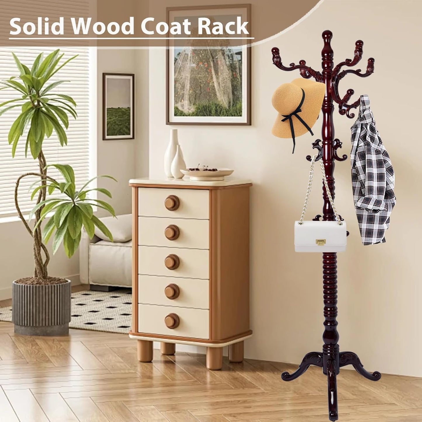 Solid Wooden Coat Rack Stand, Coat Racks Freestanding with 14 Hooks, Natural Birch Wood Coat stands with Sturdy Triangle Base, Coat Hanger Standing for Entryway Bedroom Office (Redwood triangle)