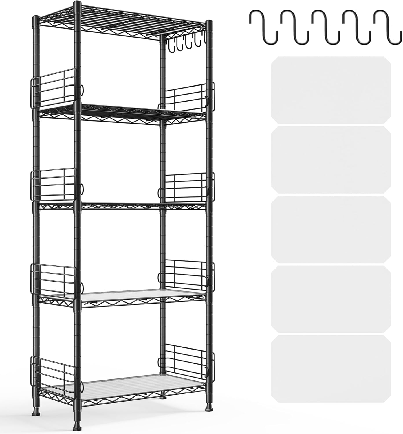 5 Tier Metal Shelving Unit Pantry Storage Shelves with Side Blockers Adjustable Metal Wire Shelf with Hooks & Shelf Linker Standing Storage Rack for Kitchen Pantry Bathroom Closet,13.8"Dx21.7"Wx59.1"H