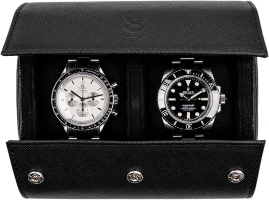 DailyWatch | Watch Roll Travel Case For 2 Watch | Luxury Watch Case In Genuine Saffiano Black Leather With Soft Velvet Interior | Watch Case Protect, Store, & Display Your Watches | All Black