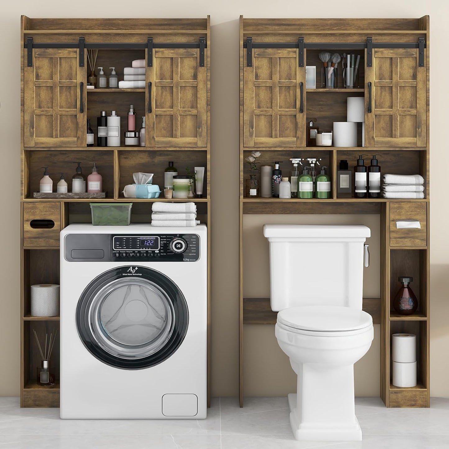 Over The Toilet Storage Cabinet, Farmhouse Storage Cabinet Over Toilet with Sliding Doors，Home Space-Saving Toilet Rack, for Bathroom, Restroom, Laundry. Brown