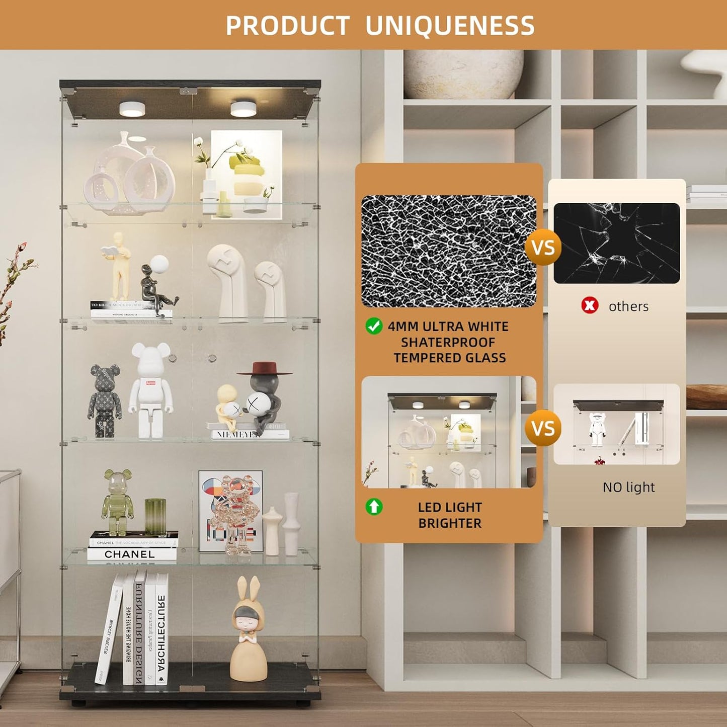 Beauty4U Glass Display Cabinet with Lights, 5 Shelves with 2 Doors, Curio Cabinets for Living Room, Bedroom, Office, Black Floor Standing Glass Bookshelf, Quick Installation