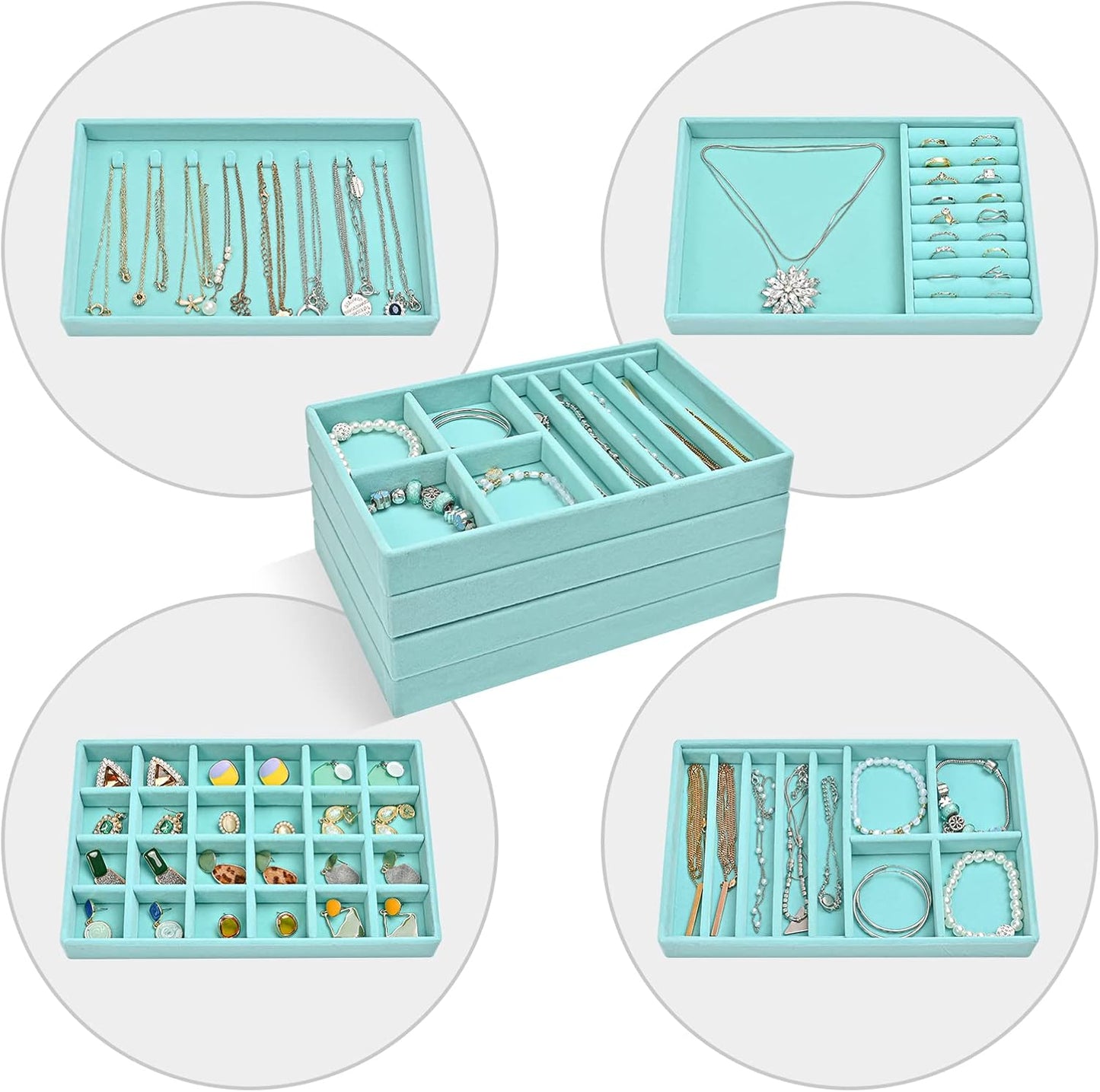 ProCase Stackable Jewelry Organizer Trays for Drawers, Jewelry Drawer Inserts Container Display Case Storage for Earring Necklace Rings Bracelet with Removable Dividers -Blue, 4 Layers