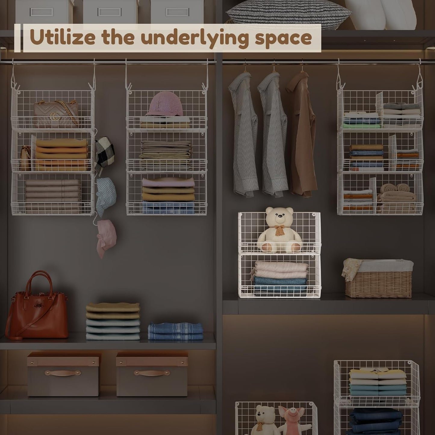 4 Tier Extra Large Hanging Closet Organizer,Closet Organizer Hanging with 5 S Hooks 4 Dividers,Clothes Organizer Clothing Sweaters Clutches Handbags Hats Accessories-White