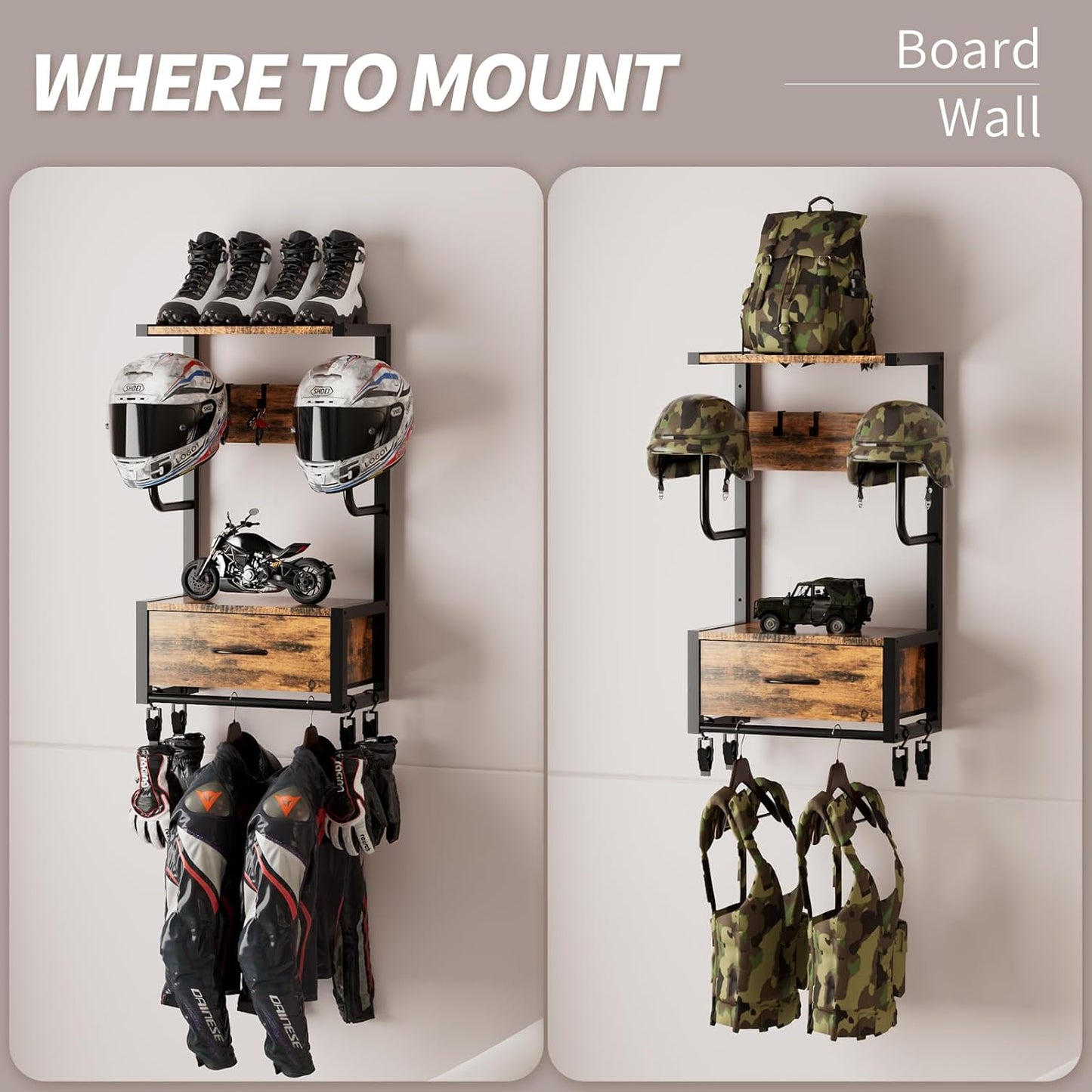 Motorcycle Helmet Holder Wall Mounted, Helmet Holder Wall Mount with Helmets Rack and Hooks for for 6 Helmets, Riding Suits & Accessories, Sturdy Construction Storage Organizer for Entryway or Garage
