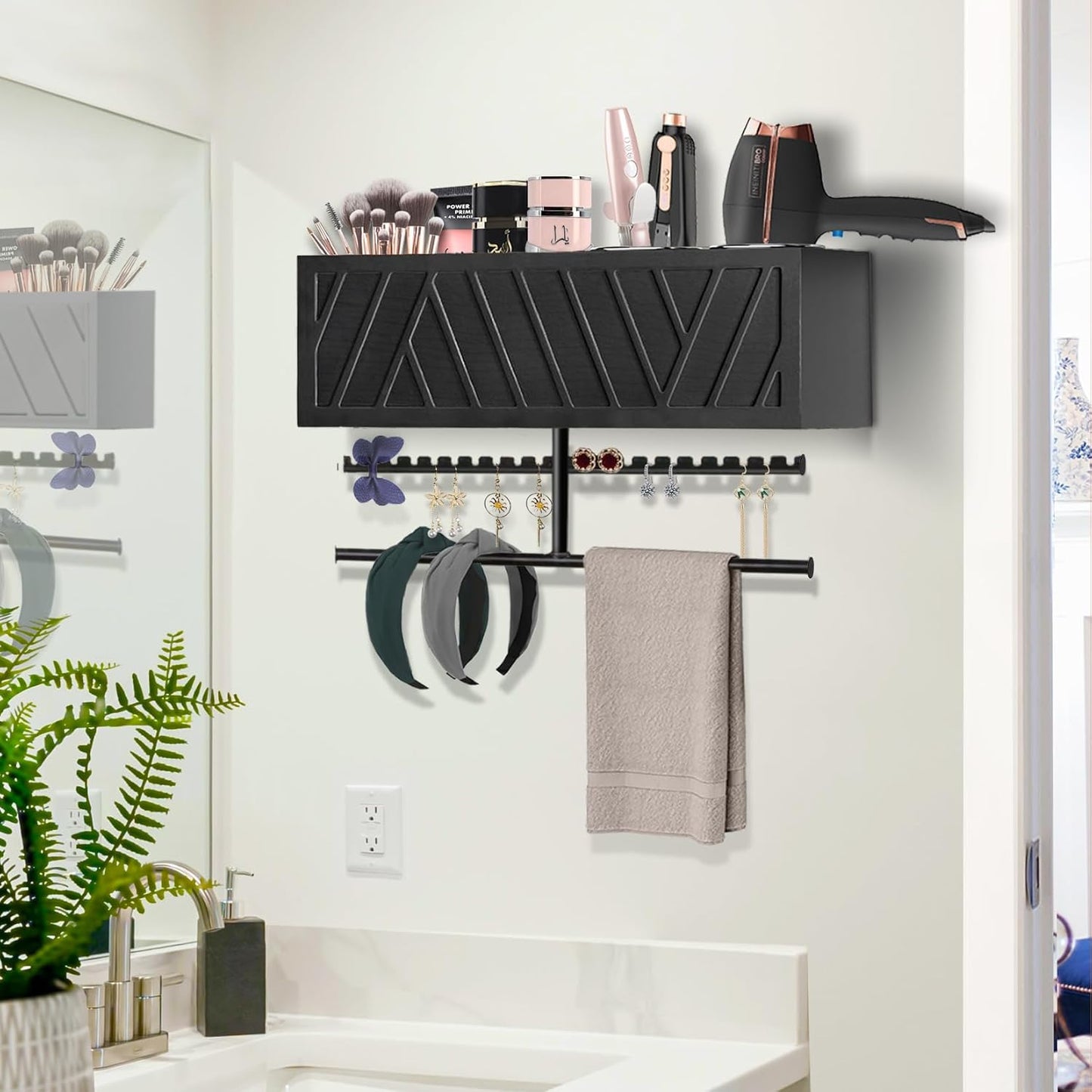 Rustic Hair Dryer Holder Wall Mounted,Hair Styling Tools & Accessories Organizer,Bathroom Supplies & hot Tools vanities Organizer Caddy,for Storage Flat Iron,Blow Dryer,Curling Iron,Towel