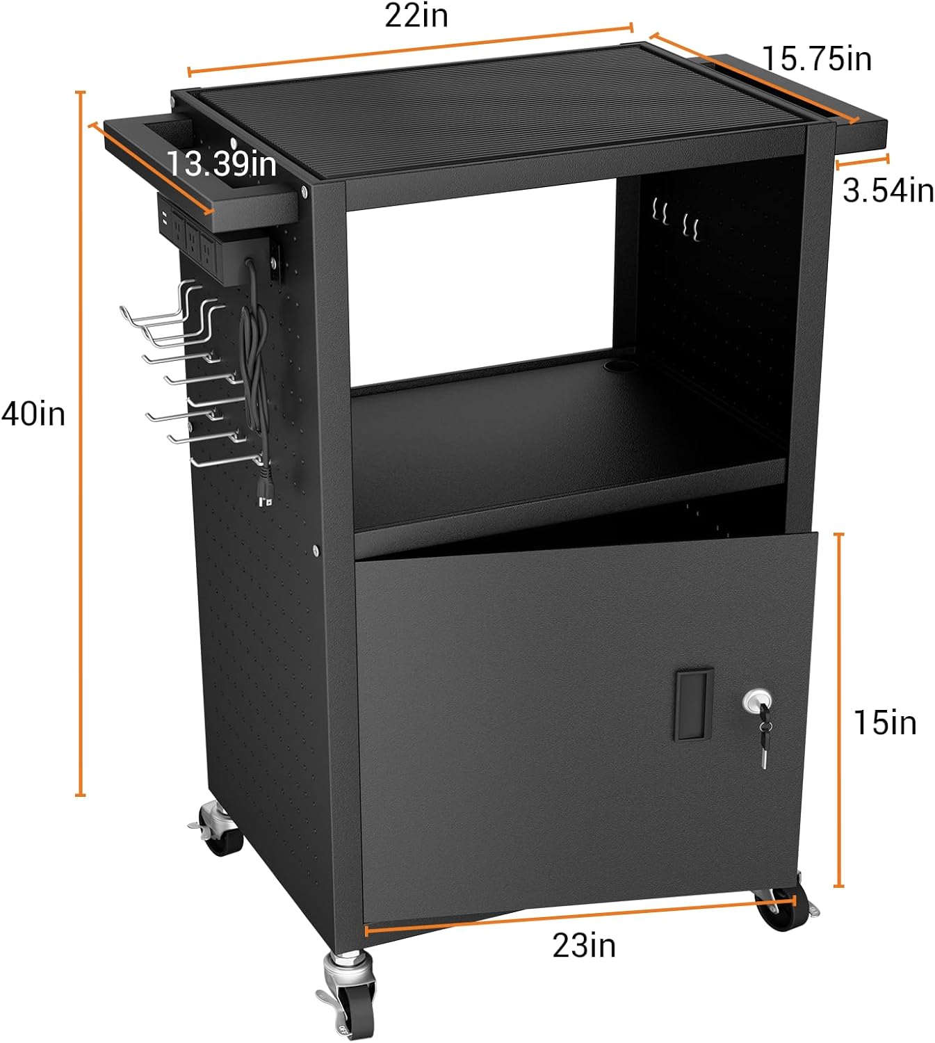 Mobile AV Cart with Push Handles, Heavy Duty Rolling Media Cart with Customized Pegboard & Hooks, Multipurpose Utility Cart with Extra Storage Space, 4 Outlets