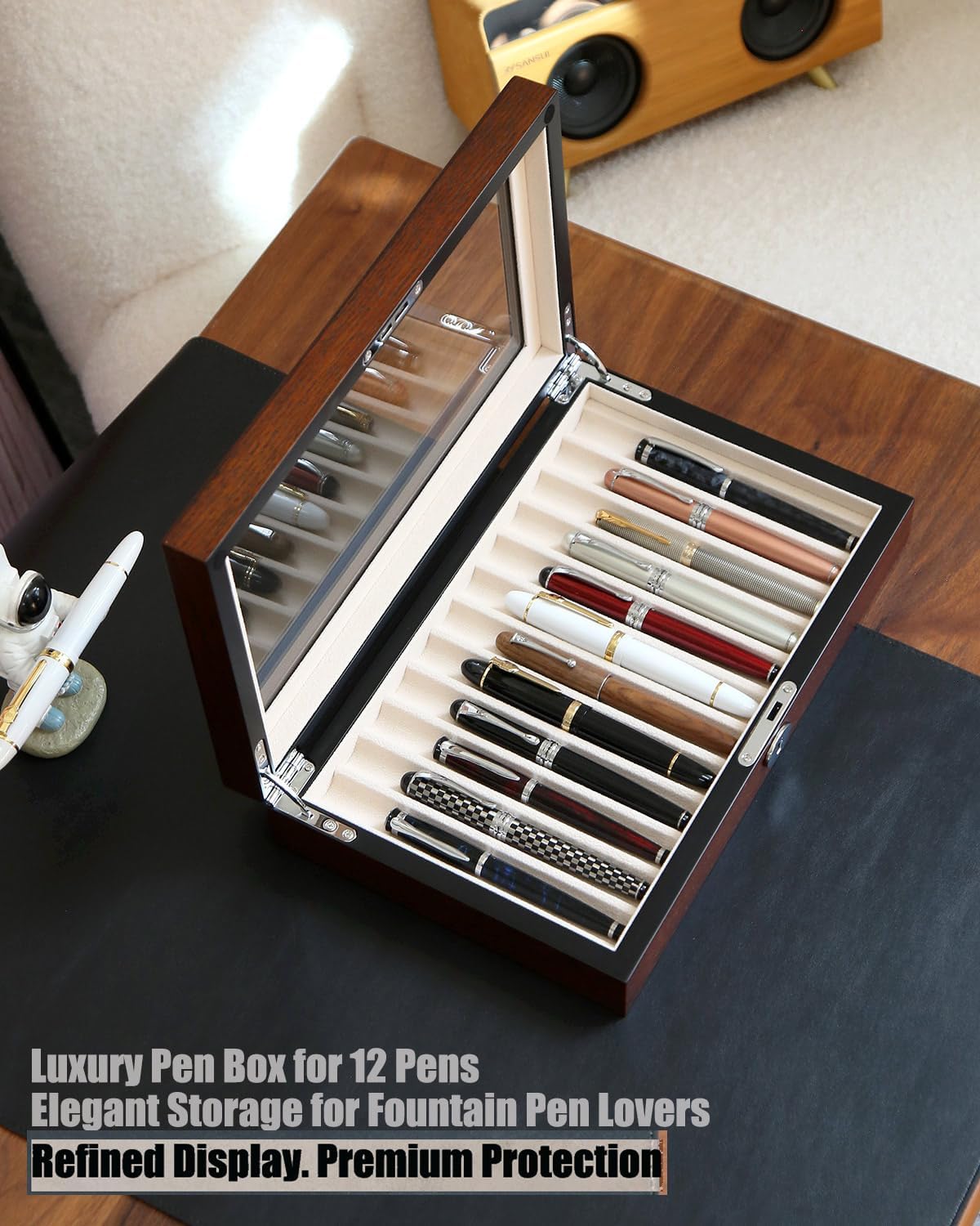 Wooden Pen Display Case – 12 Slot Lockable Fountain Pen Storage Box, Brown Collectors Display with Glass Top, Gift for Men