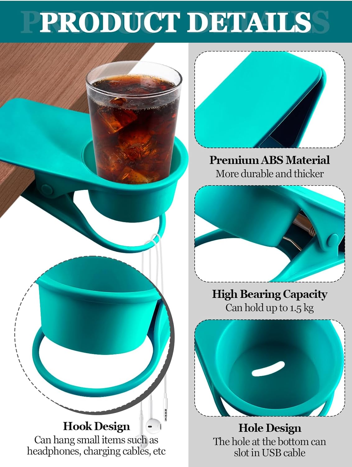 Kalolary 2-Pack Table Edge Cup Holder - Versatile Clip for Drinking Cups, Mugs & Bottles - Ideal for Home, Office & School (Blue)