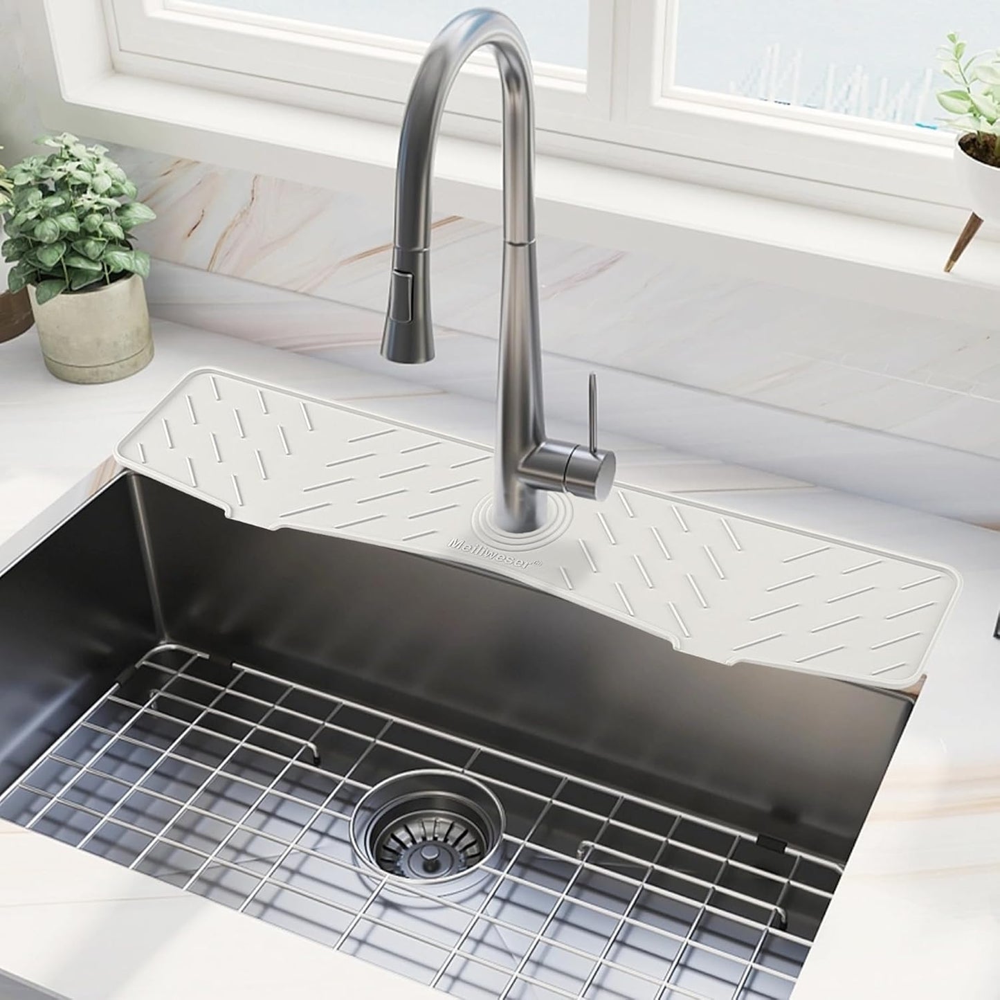 Meiliweser Faucet Mat for Kitchen Sink – 24” x 5.1” Extra-Long Silicone Splash Guard with 10° Slope & Upgraded Drainage – Gen 3 Sink Water Catcher & Sponge Holder for Kitchen, Bathroom (White)