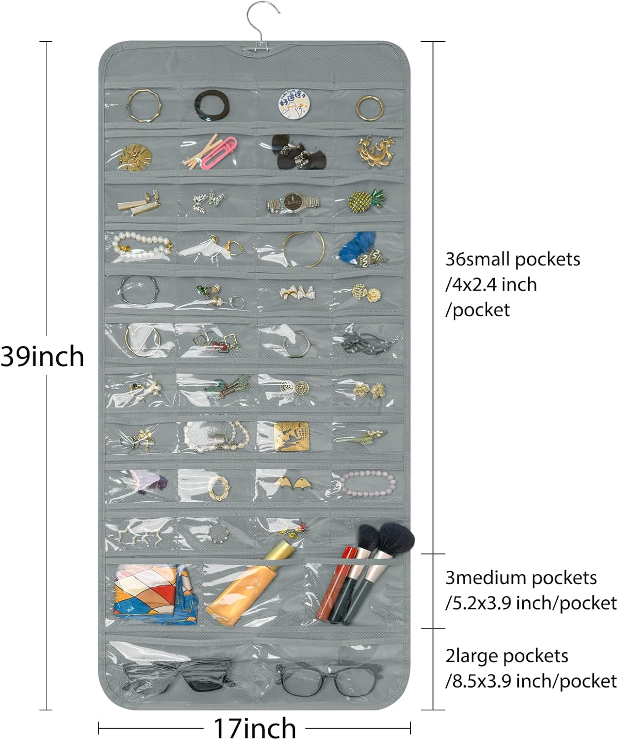 Bloss Hanging Jewelry Organizer With 90 Pockets,Earring Holder Organizer Storage For Valentine's Day Gift,Double-Sided Jewelry Holder for Earrings, Necklaces, Rings on Closet,Wall,Door(Grey)