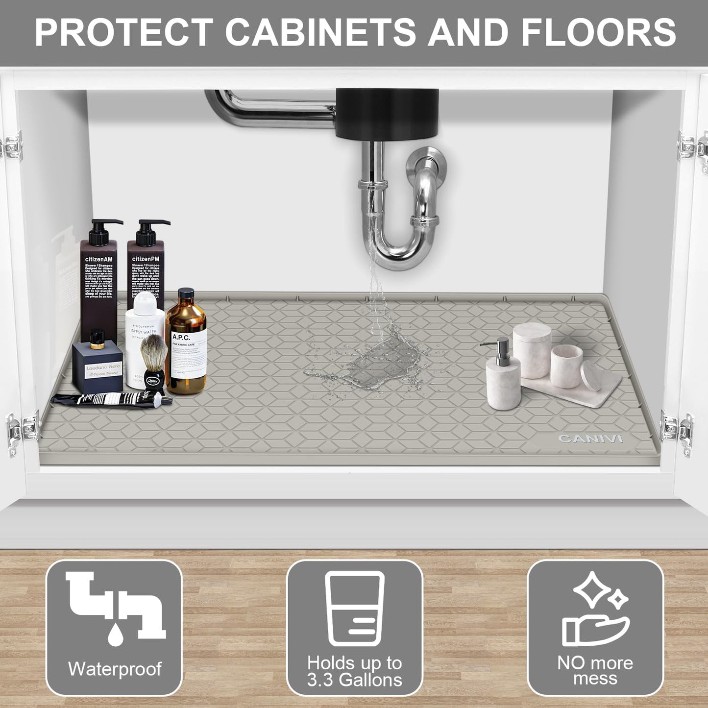 Under Sink Mat, 31" x 22" Waterproof Silicone Under Sink Tray for Kitchen & Laundry Cabinets, Kitchen Cabinet Shelf Protector, Up to 3.2 Gallons Liquid, Fits 36 inch Standard Cabinet (Khaki)