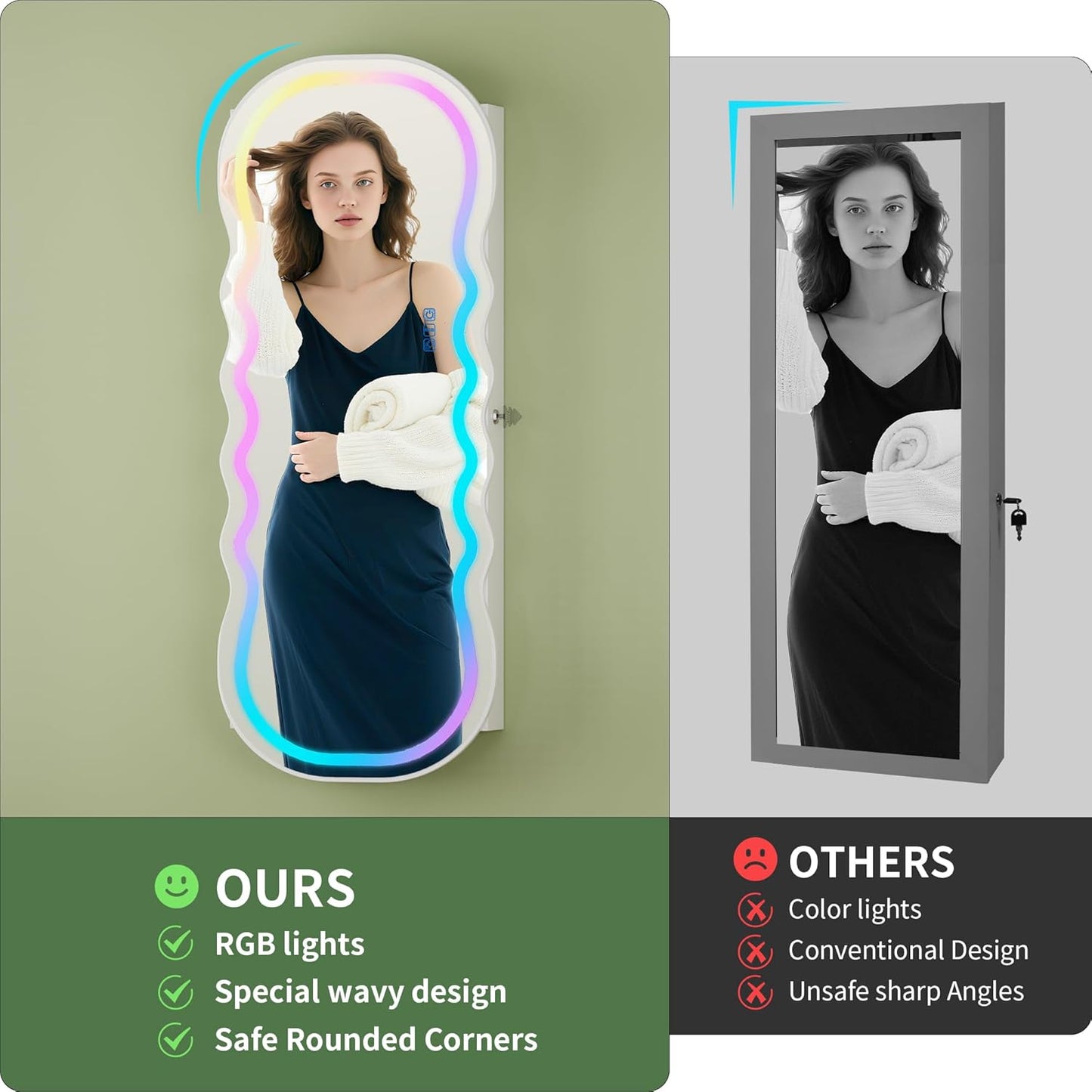HNEBC LED Mirror Jewelry Cabinet with RGB Lights,42.5" Wall Mounted Jewelry Organizer with Full-Length Mirror,Over The Door Hanging Jewelry Armoire Storage Cabinet,Lockable,Wide Wavy Mirror