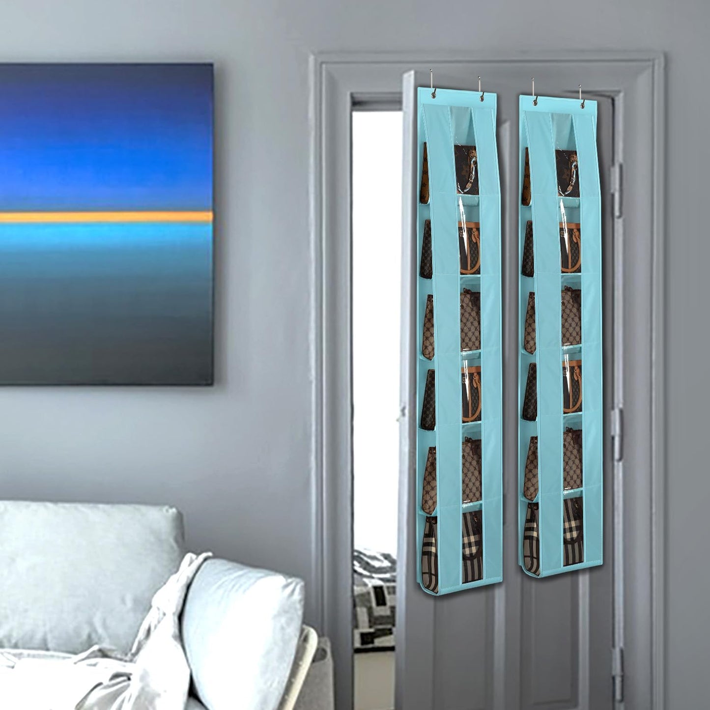 Lirex Over the Door Organizer, 2 Pack Handbag Storage with 6-Tier Space-Saving for Door or Closet, Handbag Hanger, Light Blue