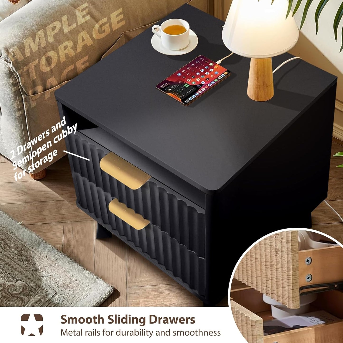 Fluted Nightstand - 24" Modern Bedside Table w/ 2 Drawers, Wood Bed Side End Table with Open Shelf, Night Stand with Storage Drawer, Curved Design Night Stands for Bedroom Living Room (Black)