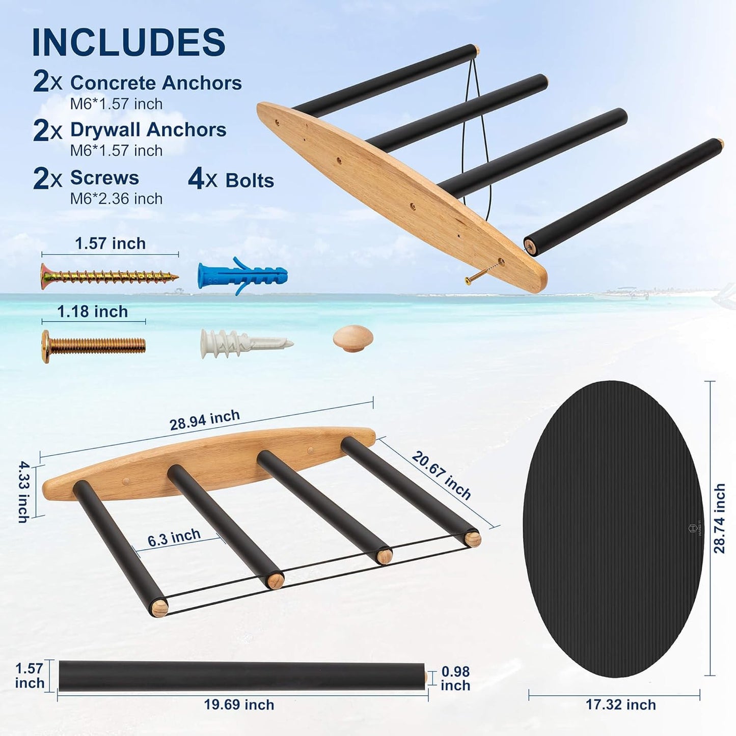 Hang 11 Vertical Surfboard Rack - Surf Racks for Wall, Sustainable Hardwood Surf Board Holder with Rubber Mat, Surfboard Wall Mount, Paddle Board & SUP Garage Storage (4 arms / 3-4 boards)