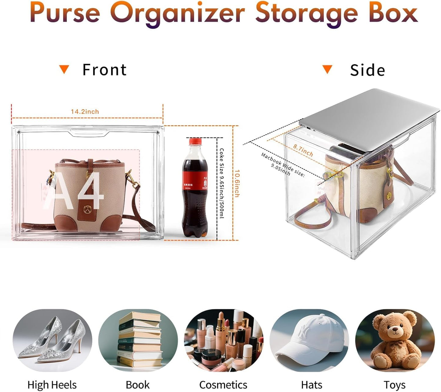 3Pack Clear Plastic Handbag Storage Organizer for Closet, Acrylic Display Case for Handbag and Purse, Purse Organizer for Closet with Magnetic Door for Book, Toys, Hat