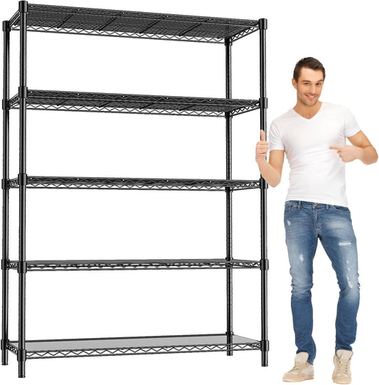 48" W Storage Shelves 5-Tier Wire Shelving, 1875LBS Adjustable Metal Shelving with 5 Shelf Liners, Heavy Duty Steel Wire Rack for Garage Commercial Pantry Kitchen, 48" W x 18" D x 72" H, Black