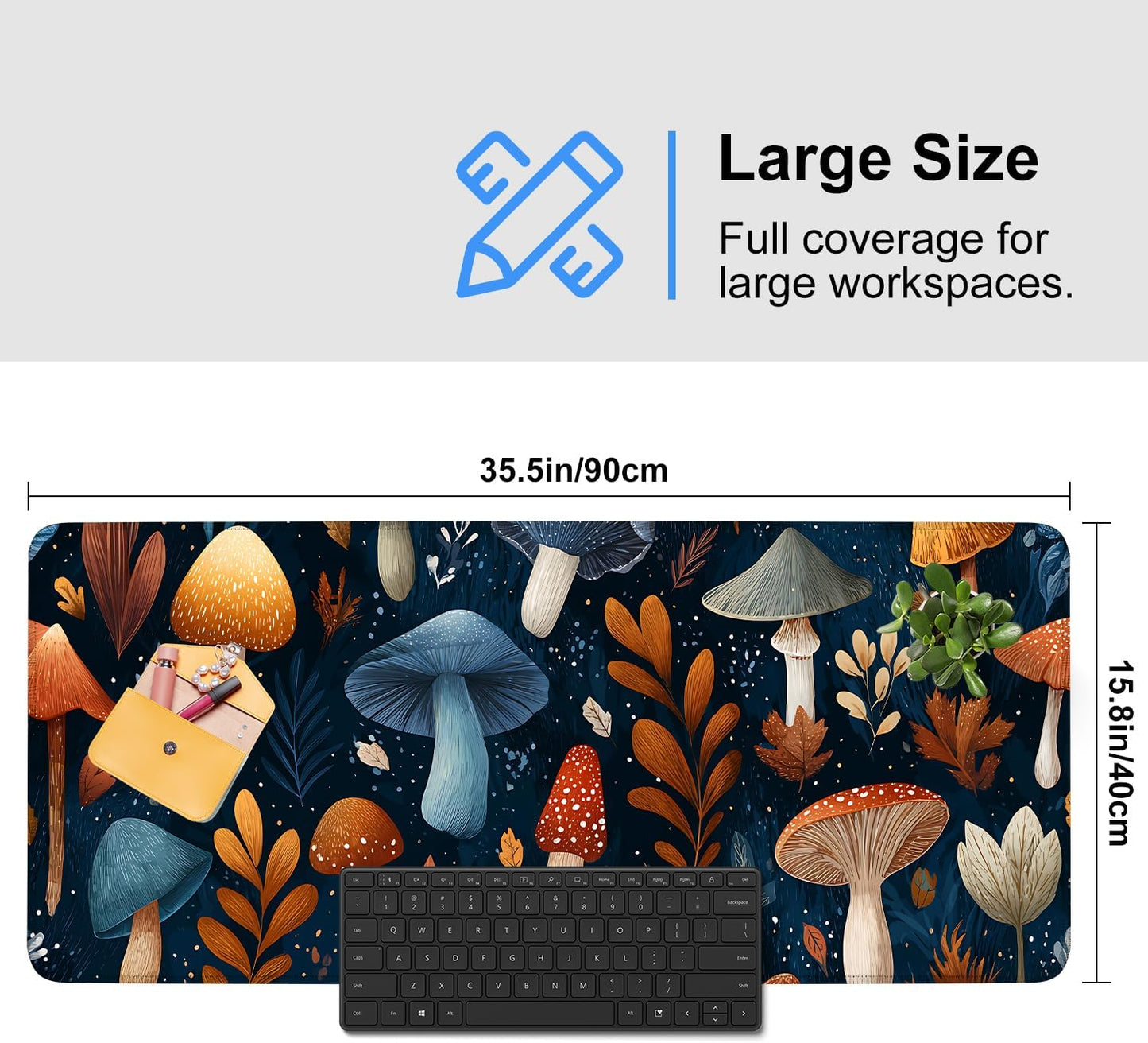 Mushroom Forest Mouse Pad – Large Extended Desk Mat 35.43 x 15.75 in – Autumn Woodland Fungi Illustration, Waterproof Surface, Non-Slip Rubber Base, Keyboard & Mouse Pad for Nature Lovers