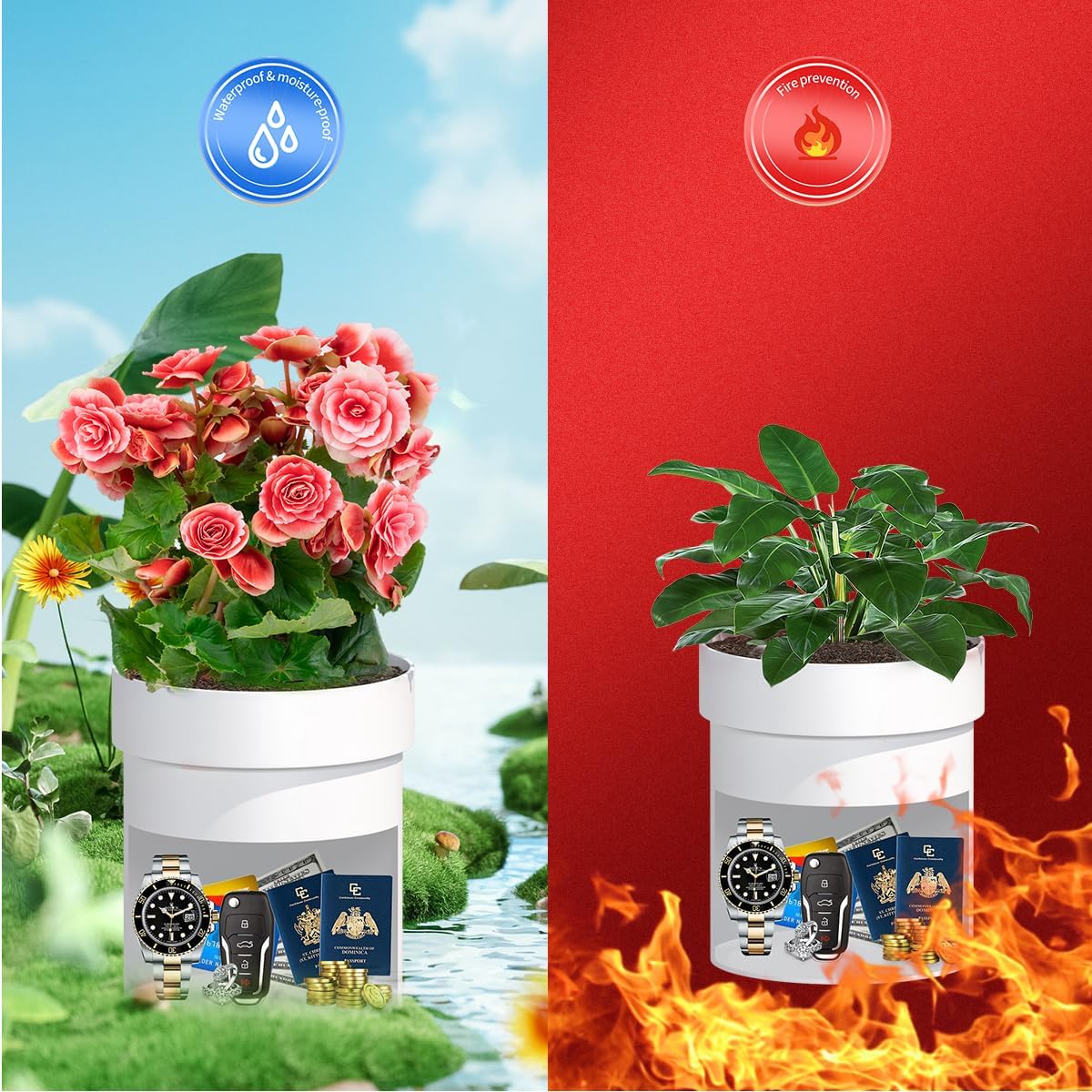 Sdstone Fireresistant Waterproof Flower Pot Diversion Safe with key Locks,Stainless Steel Secret Hidden Safe,Perfect for Hiding The Valuables Inside (Black) Plants Not Include 2pack