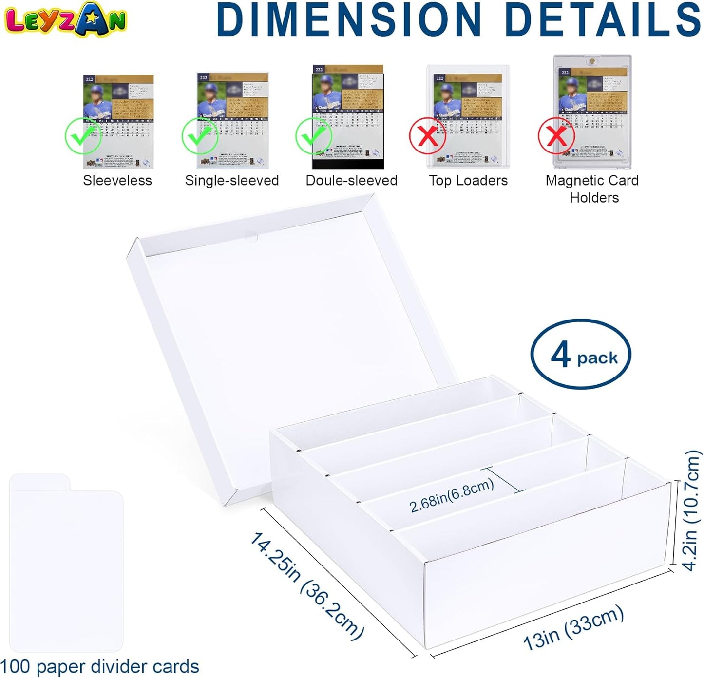 5 Row Trading Card Storage Box, 4 Pack Cardboard Storage Box with Divider for Mtg, Tcg, Sports Cards