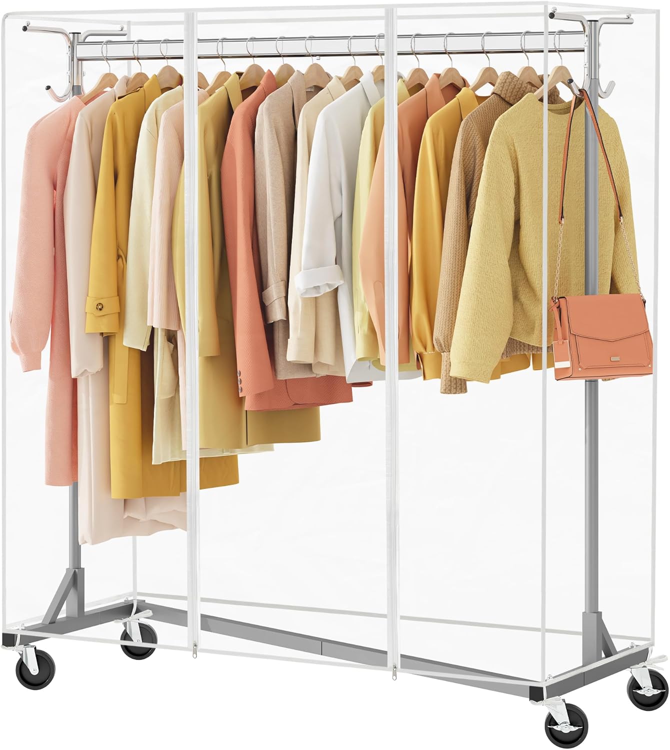 Hoctieon Z Clothes Rack with Cover, Metal Heavy Duty Clothing Rack, Rolling Garment Rack with Wheels, with Dustproof Cover Waterproof Protector, with 2 Durable Zippers, for Hanging Clothes, Grey