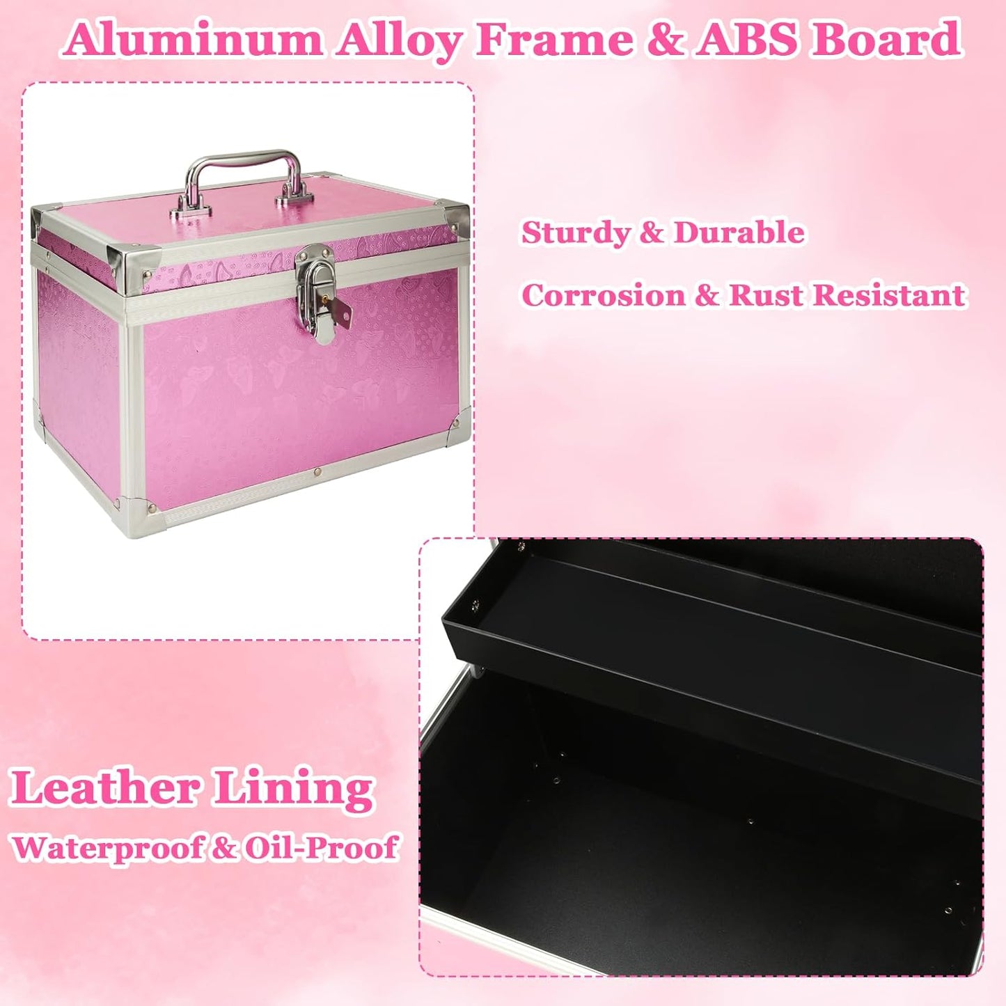 12 x 7 x 7.5 Inch Medication Lock Box with Key, Locking Box with Portable Storage Case, Security Lock Boxes Medicine Storage Box for Cash, Medicine, Documents and Valuables - Pink