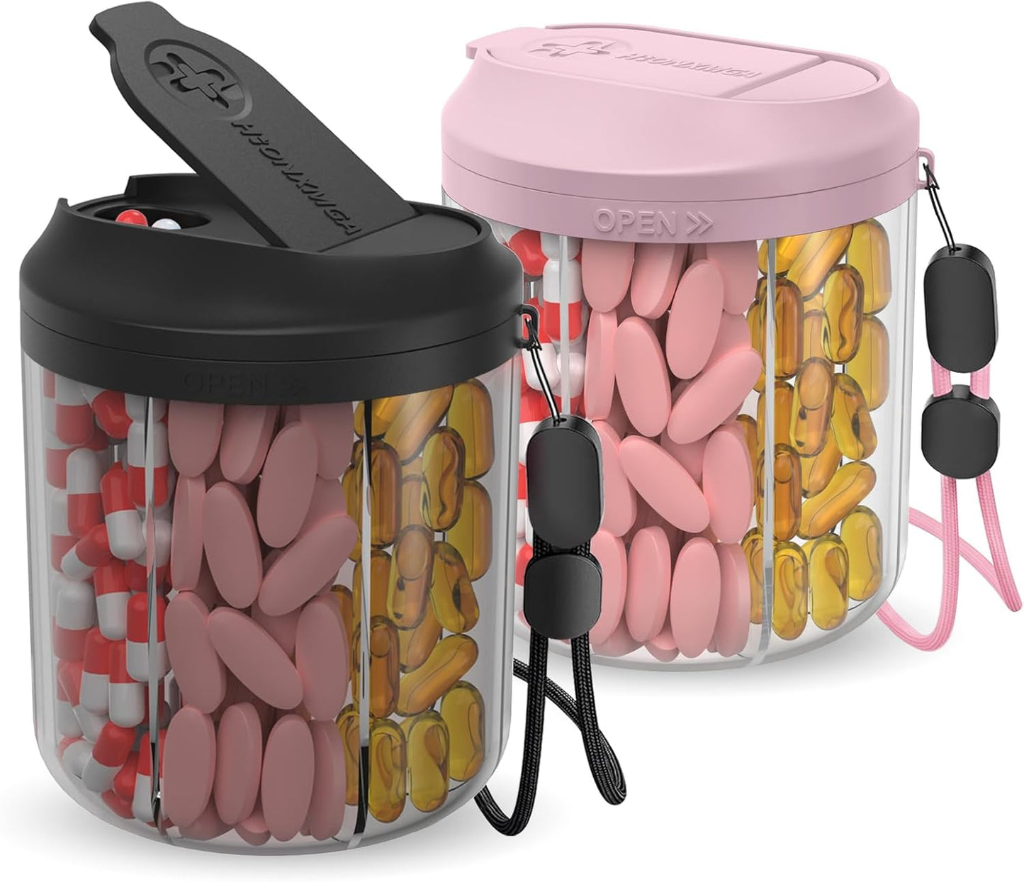 Pill Dispenser with 7 Large Compartments, Pill Bottle Organizer for Travel, Supplement Organizer with Anti-Mixing Design, BPA-Free Pill Container with 20 Pcs Labels, Pink + Black