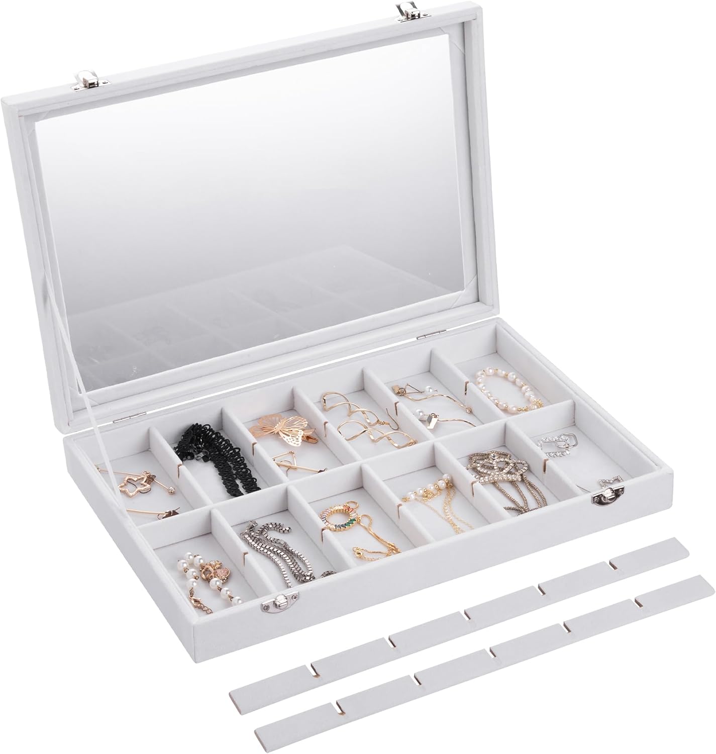 Frebeauty Jewelry Organizer Tray with Clear Lid 24 Grid Velvet Drawer Insert Jewelry Storage box with Transparent Glass lid Jewelry Display Case with Lock Gifts for Girls Women (White, 24 Grid)