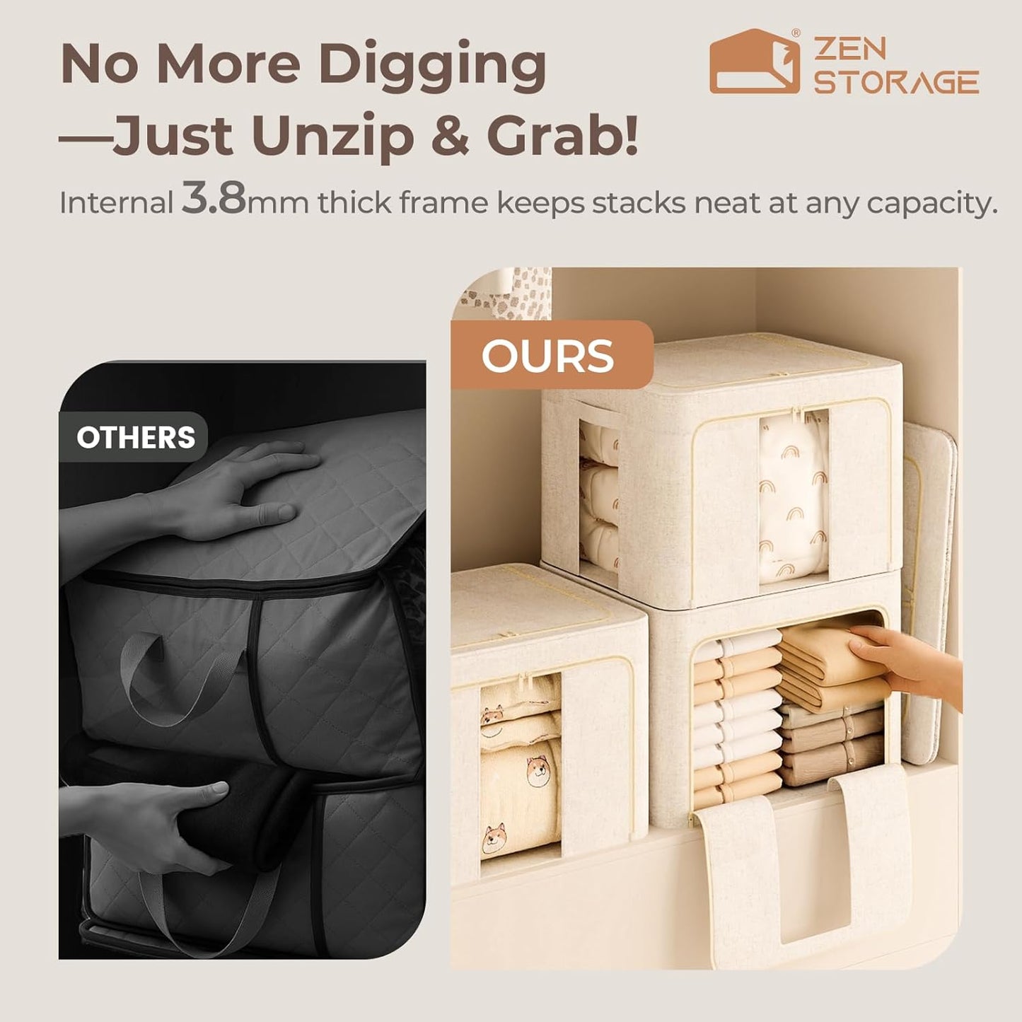6Pack 60L Large Cloth Storage Bins with Metal Frame, Linen Storage Box with Clear Window, Stackable Sweater Storage for Closet, Clothes Storage Containers for Comforters, Blankets, Quilts, T-shirt