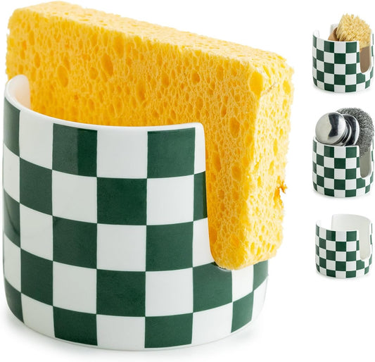 Ceramic Kitchen Sponge Holder, Dish Sponge Holder Suitable for Scrubby Farmhouse Dish Rack Brush Holder for Christmas Bathroom, Kitchen, Sink, Green and White