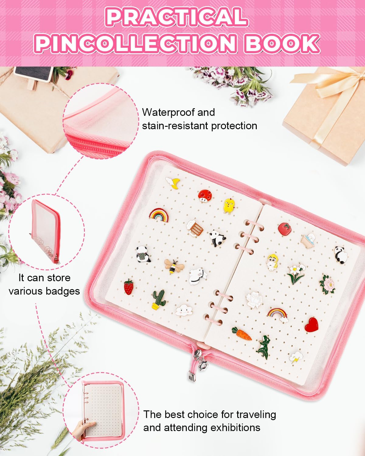 UCEC Pink Enamel Pin Display Book & 50 PCS Pin Backs A5 Album Pin Collection Binder for Brooch Pins, 6-Page Zippered Pinfolio Trading Organizer, Portable Enamel Pin Storage Case for Pin Collectors