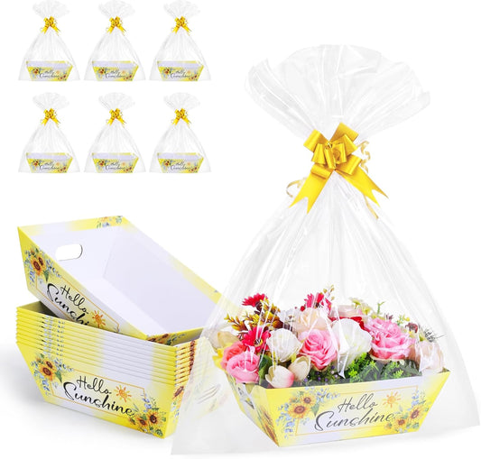 AFOROEOA 10PACK Sunshine Baskets for Gifts Empty, 10x12” Gift Baskets for Women Empty 10 Bows 10 Bags, Empty Gift Basket for Women Mother's Day Thanksgiving Christmas Easter Teacher Appreciation
