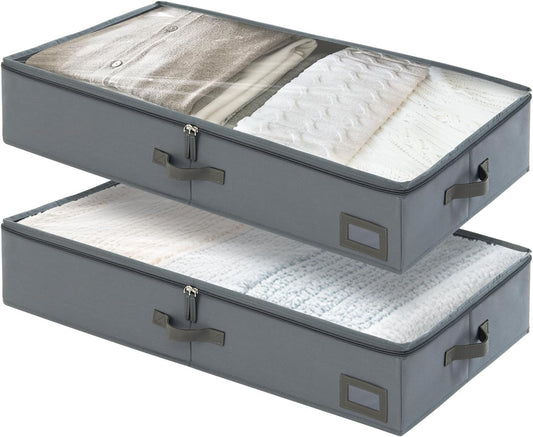6-Inch Under Bed Storage Containers (2-Pack) | Sturdy Sidewalls | Clear Cover & Label Holder | Foldable Fabric Closet Bin Organizer | Stores Clothing/Blankets/Sweaters/Sheets