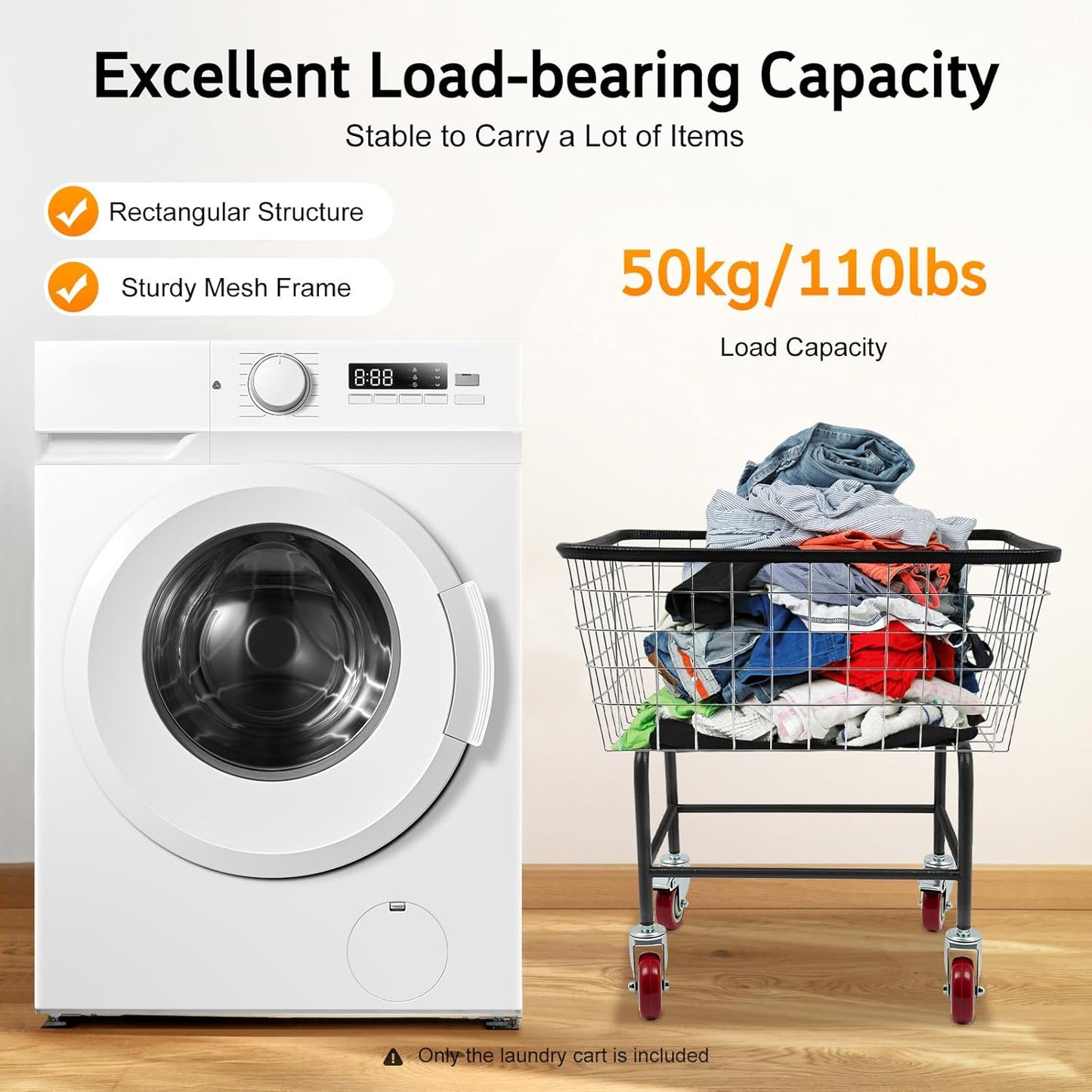 Steel Wire Laundry Cart, Wire Laundry Basket Cart with 4" Casters, Heavy Duty Commercial Rolling Laundry Basket for Clothes Storage, 26.77"D x 21.5"W x 26"H