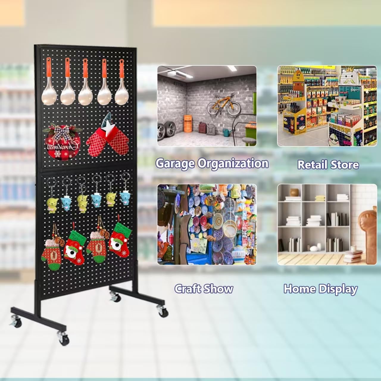2'x 5' Standing Pegboard Display with T-Base, Pegboard Display Stand with Wheels, Metal Peg Board Display Rack, Art Display Stand, Extra 10 Pieces Hooks - Black