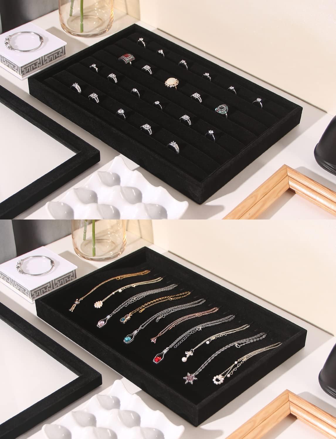 Coward Set of 5 Stackable Jewelry Organizer Tray Necklace Earring Box Storage Ring Bracelet Display Holder (Black(ring+necklace+earring+12grid))