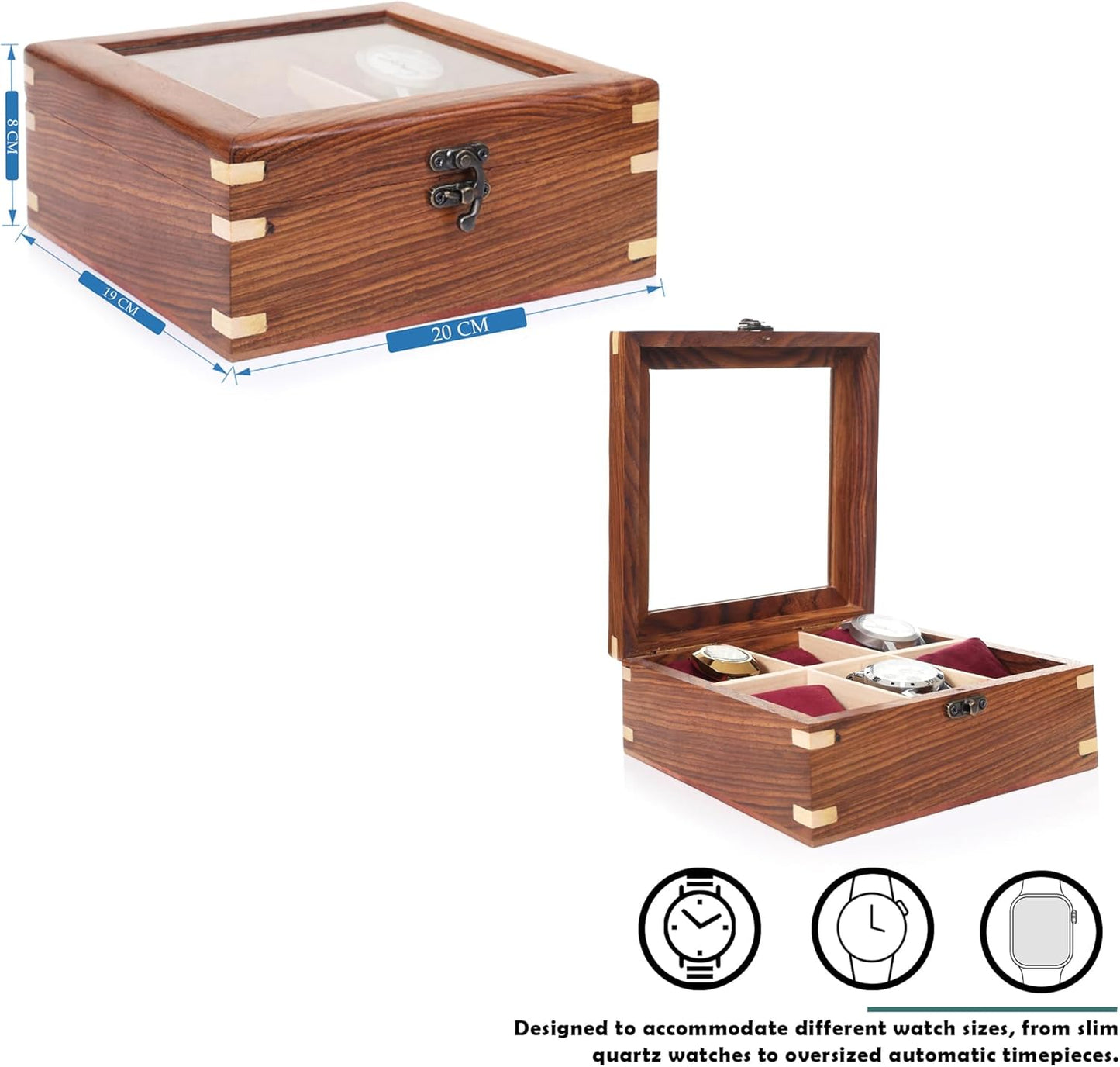 Wooden Watch Box for Men & Women, Watch Organizer & Display Case, Premium Long-Lasting Watch Holder for Storage, Elegant Gift for Watch Collectors (Glass Top, 6 Slots)