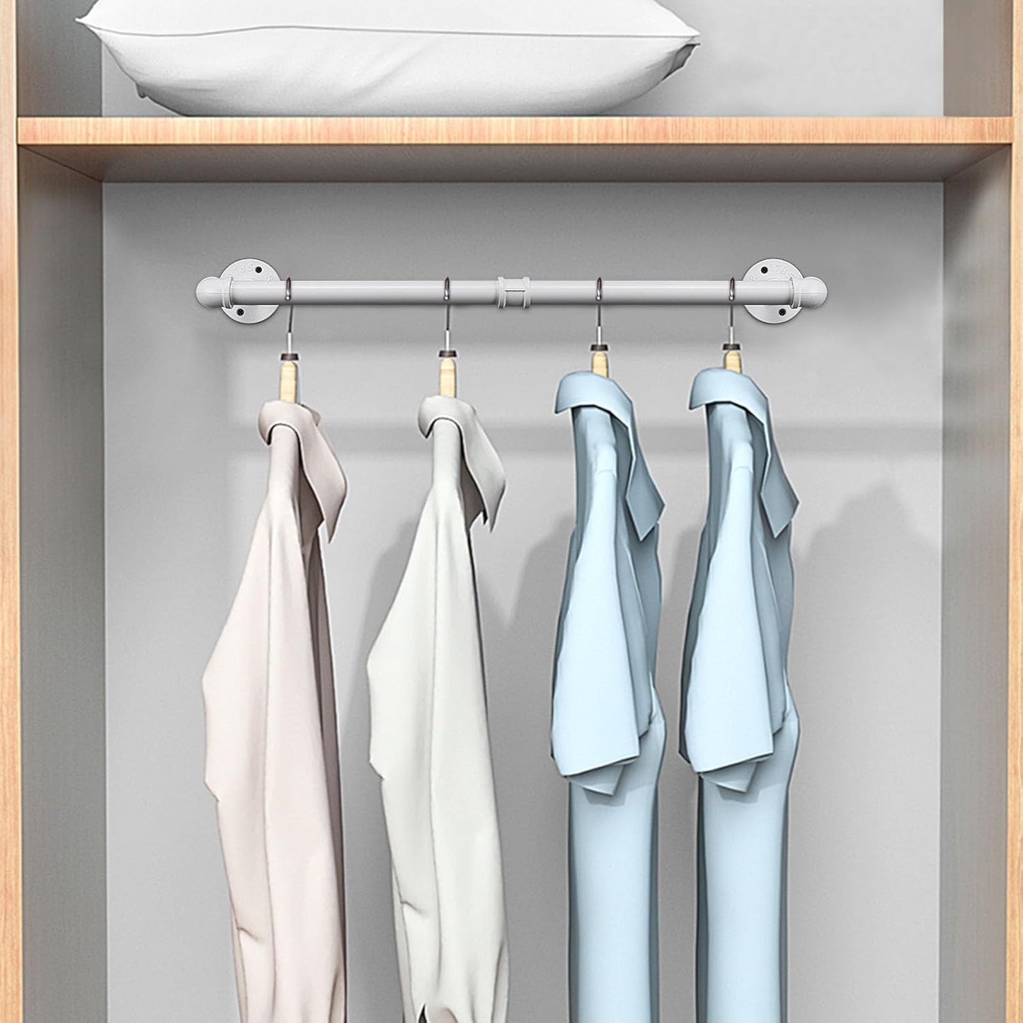 Industrial Iron Pipe Clothes Hanging Bar DIY Wall-Mounted Garment Rack Heavy Duty Clothing Rack for Bedroom, Laundry Room, Closet Storage (White 24 inch)