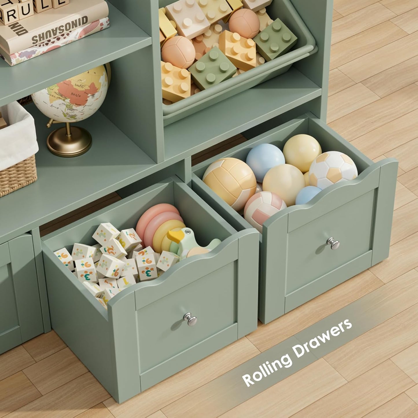 HITHOS 55" W Kids Toy Storage Organizer, Large Toy Box with Bookshelf, Toy Chest with 3 Cubes Storage Organizer, 6 Toy Organizers and Storage Bins, 4 Rolling Drawers for Kids Room, Playroom, Green