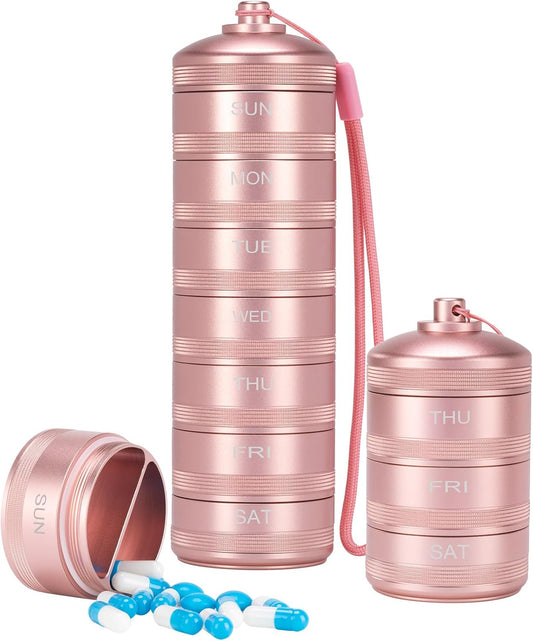 XHT Pink Weekly Metal Pill Organizer 7 Day 2 Times a Day – Aesthetic Waterproof AM PM Travel Pill Box, Heavy Duty Pill Holder and Medicine Pill Organizer for Vitamins, Fish Oil & Supplements