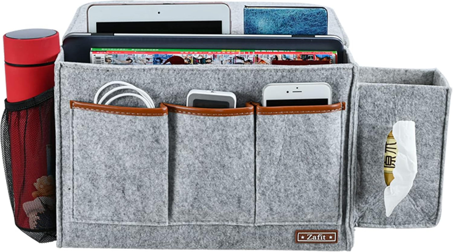 Bedside Caddy, Large Size Bedside Storage Organizer Bedside Organizer Caddy for Magazine Remotes Phone (13.4'' x 18.1'' Tissue box holder, Light Grey)