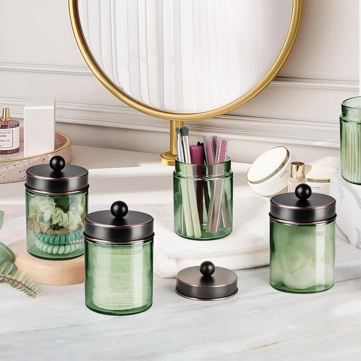 Amolliar Sage Green Apothecary Glass Jar With Metal Lid & Stickers, Bathroom Qtip Holder Storage Canister, Farmhouse Decor for Cotton Balls, Cotton Swabs, Makeup Pads, Bath Salt, Floss,ORB 1 Pack