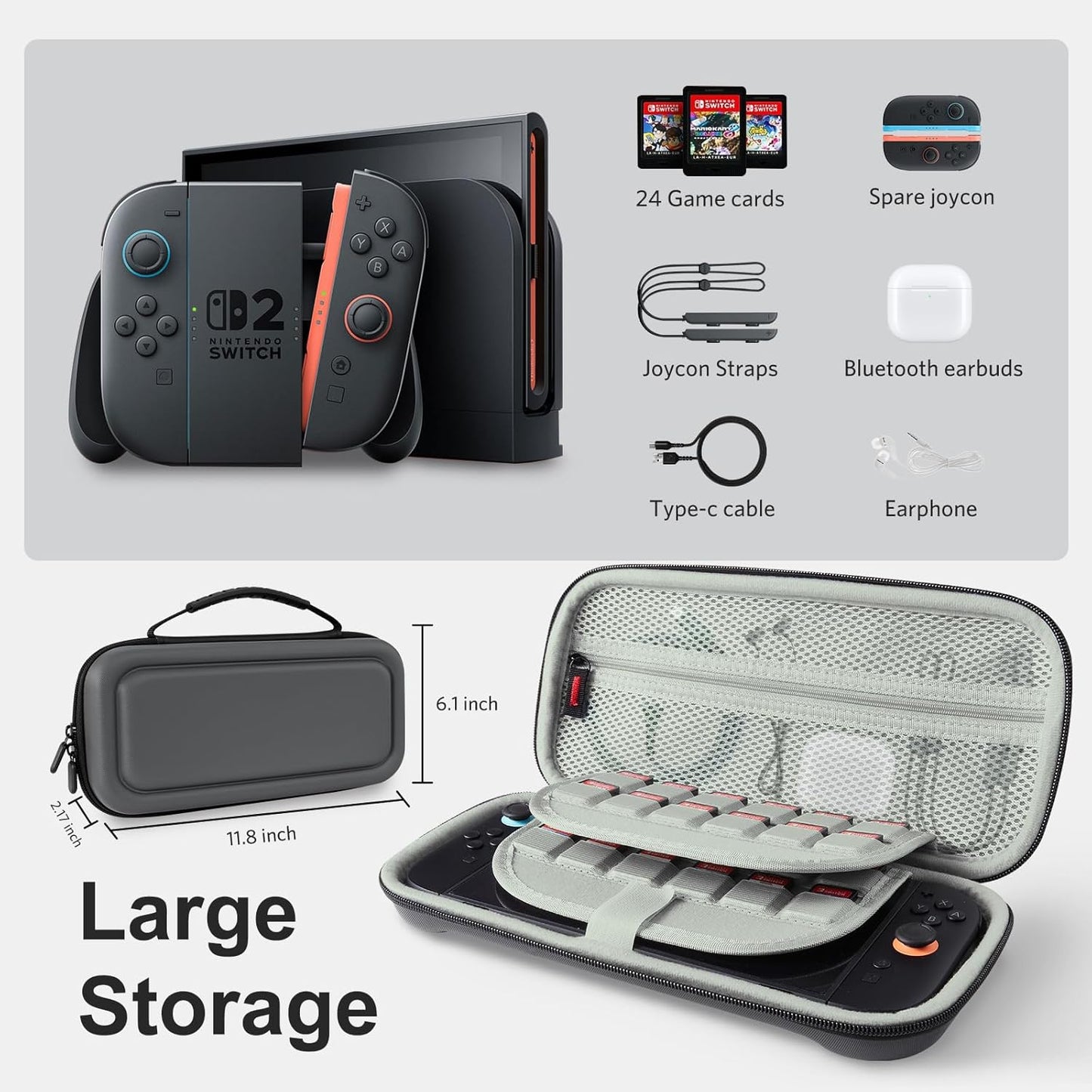CoBak Large Capacity Carrying Case for Nintendo Switch 2 (2025) - 3 in 1 Accessories Bundle with 2 Screen Protectors, Thumb Grip Caps, 24 Game Cartridges, Hard Shell Portable Travel Pouch, Gray