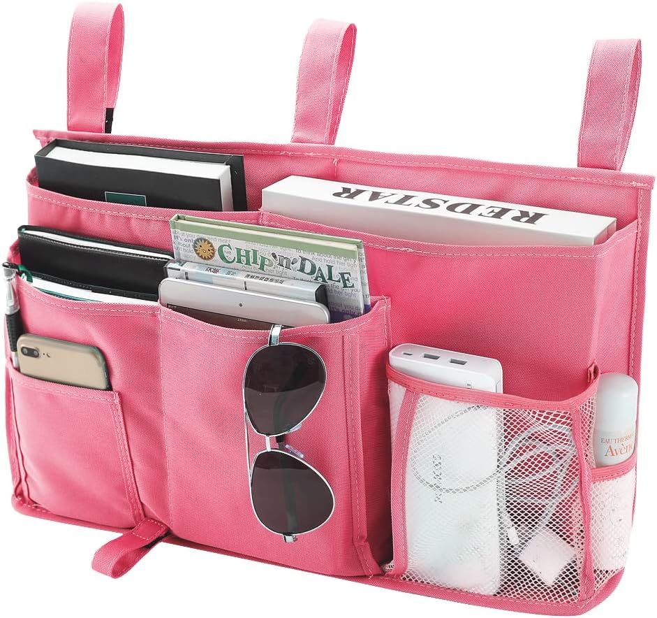Bseash Bunk Bed Organizer, Bedside Caddy Hanging Bed Organizer Storage Bag 8 Pockets, for College Dorm Rooms Bed, Hospital Bed, Baby Bed Rails, 600D Oxford Cloth (Pink)