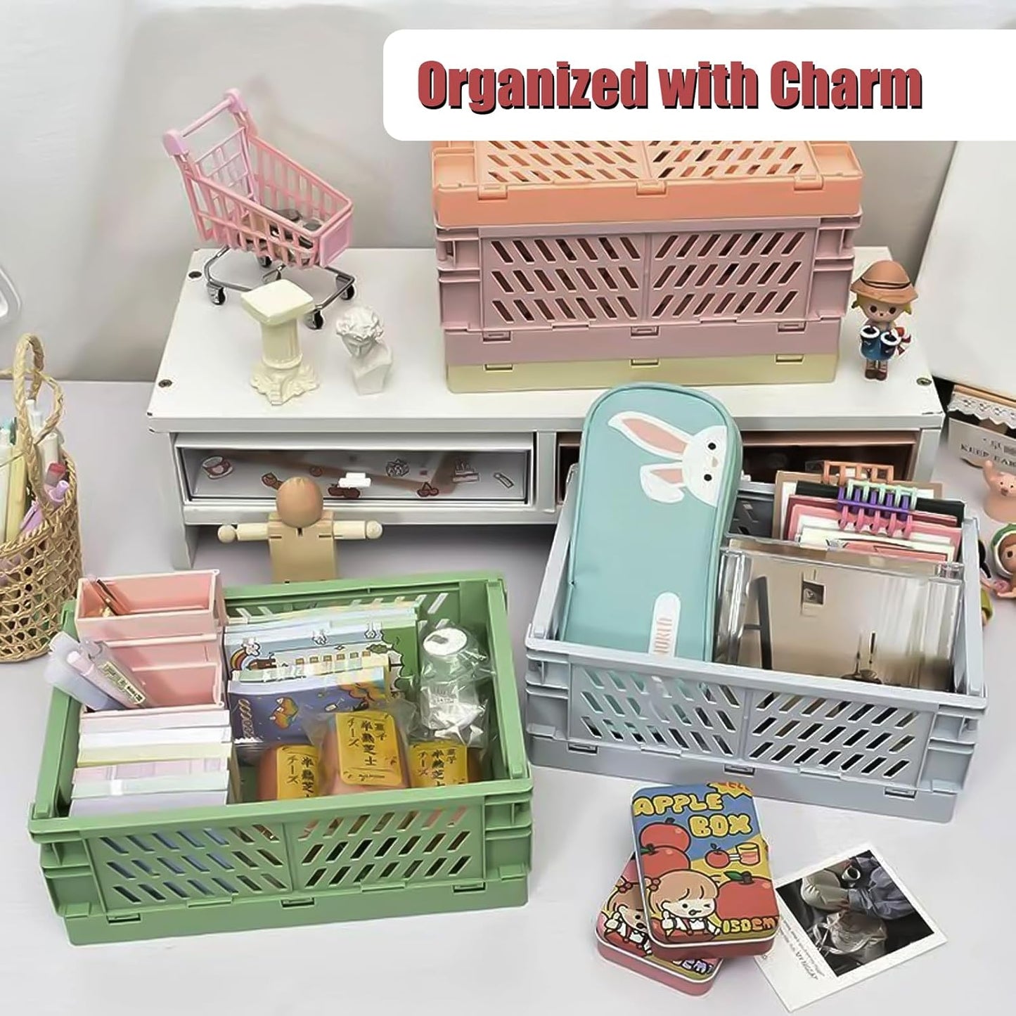 Pastel Plastic Storage Baskets 2 Pack, Collapsible Crates for Organizing, Space-Saving Bins for Kitchen, Office, Bedroom (Grey, Medium:9.8" x 6.5" x 3.8")